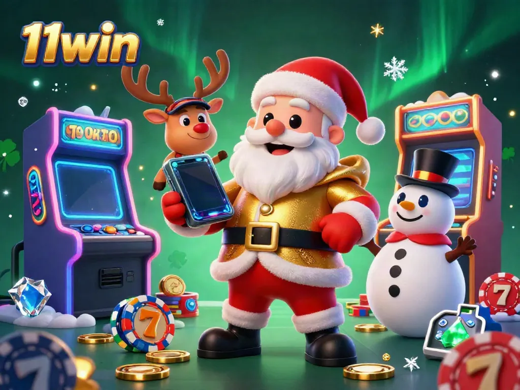 Spin the reels and win big with 11win at this vibrant casino illustration featuring Santa and friends.