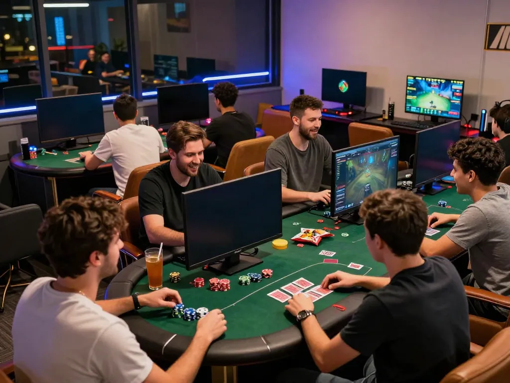 Men engaging in gaming activities at Manclub’s vibrant lounge.