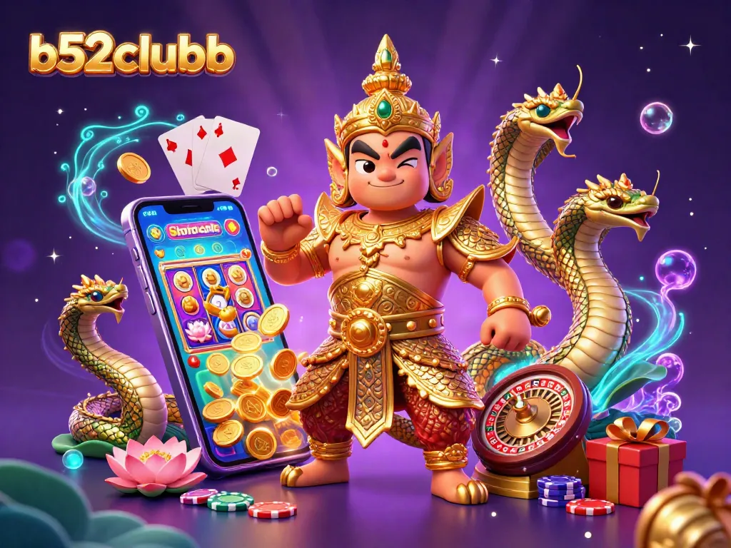 Engage with b52clubb's vibrant 3D casino illustration featuring dynamic slot games and colorful casino elements.