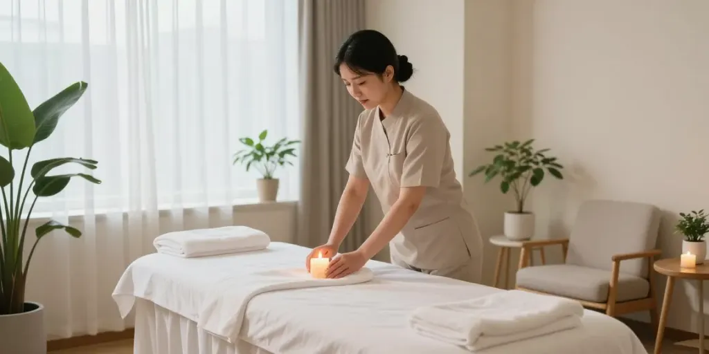 강남출장안마 therapy room with massage table and calming decor.