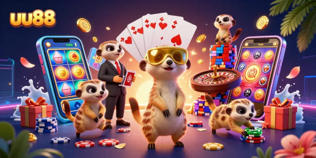 Experience the excitement of uu88 casino games with hyped meerkats managing a vibrant digital gaming scene.