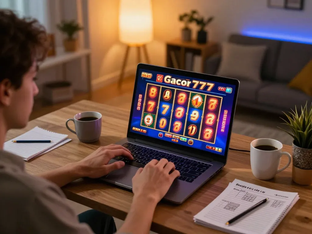 Playing slot gacor 777 online with excitement at home, showcasing vibrant gameplay and strategy.