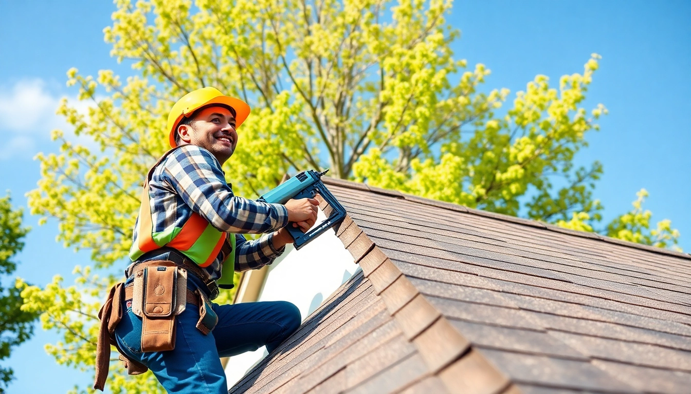 Roofing company expert installing a new roof with precision and safety on a sunny day.