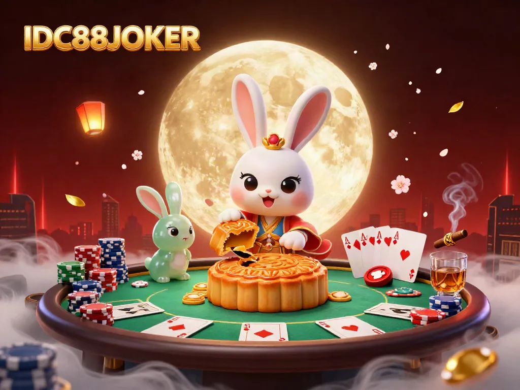 Experience the thrill of IDC88JOKER with a vibrant moon-themed poker illustration featuring fantasy elements and dynamic gameplay.