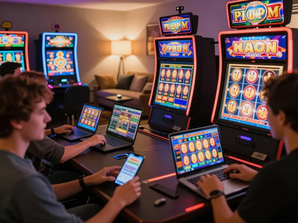 Players engaging with FUN79 online casino slot games, spinning reels for big wins in a cozy home setting.
