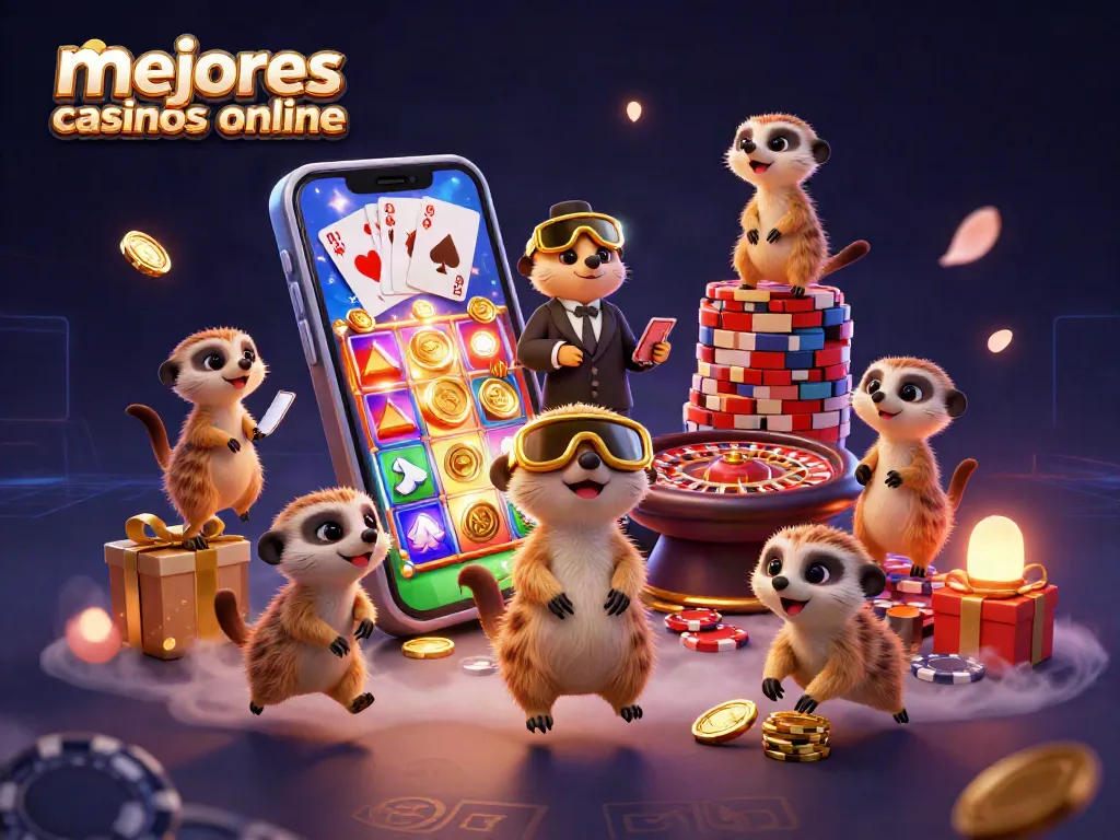 Los mejores casinos online muestran un casino animado con suricatos jugando, y fichas esparcidas por el suelo.
