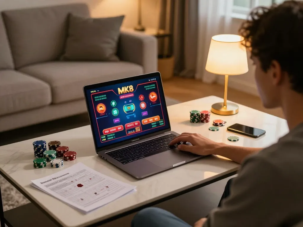 Player engaging in MK8 online gaming, showcasing strategy with vibrant screen graphics and notes.