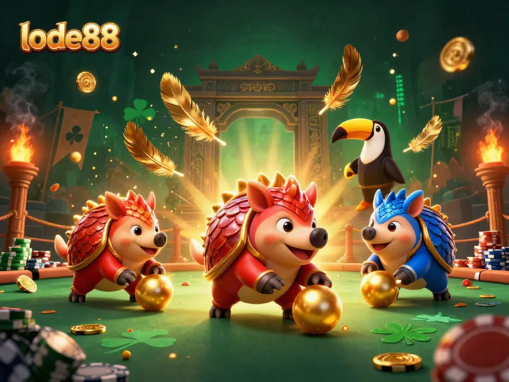 Engage in thrilling gameplay at lode88 with friendly rival pangolins amid vibrant casino elements.
