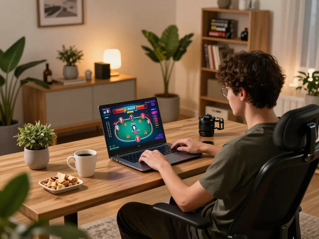 Player enjoying poker on rikvip online platform at home, showcasing relaxed gaming environment.