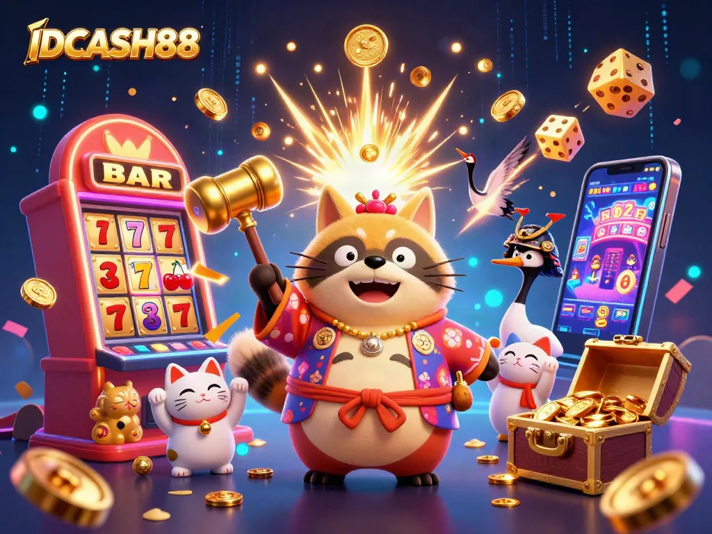 Experience thrilling jackpots with IDCASH88's vibrant gaming scene featuring friendly tanuki and lucky symbols.