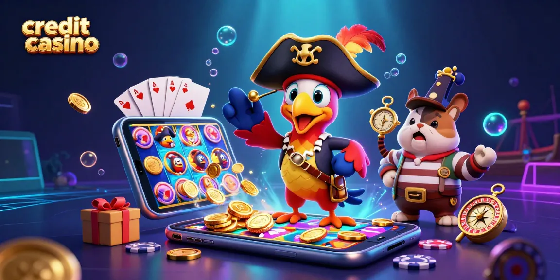 Engage in a credit card casino adventure with vibrant slot games, gold coins, and dynamic characters.