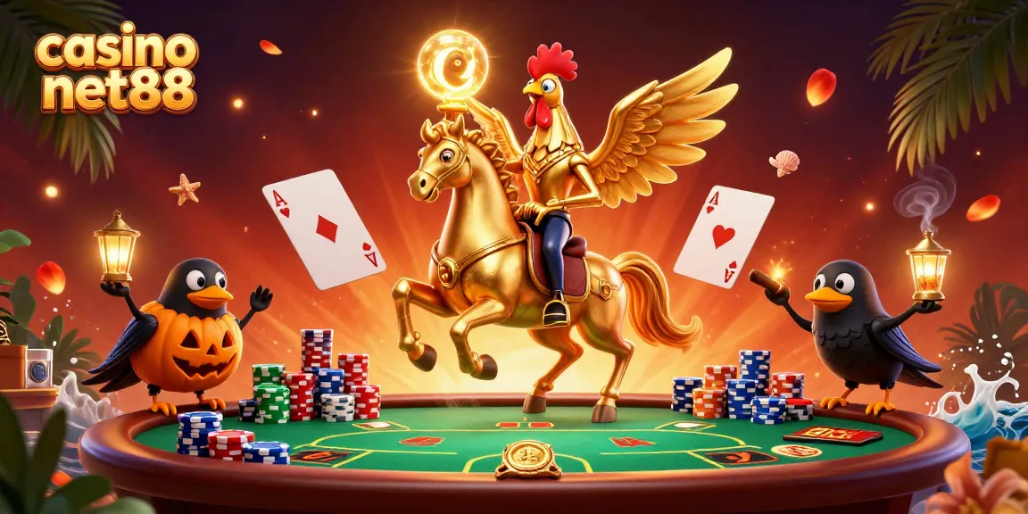 Engage in thrilling gameplay at casino net88 with a golden rooster in a vibrant midnight casino.