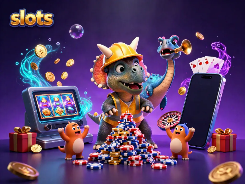 Experience thrilling slots action in a vibrant casino scene with cartoon dinosaurs.