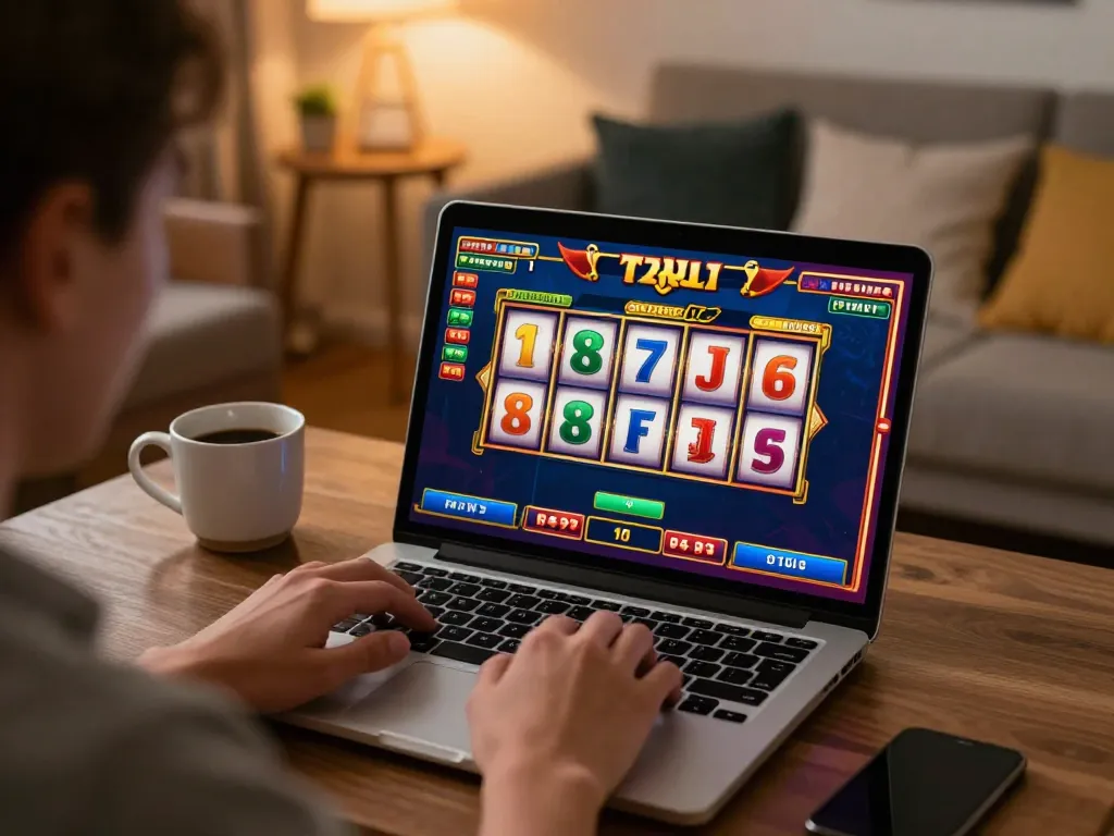 Player enjoying a thrilling TG88 online slots game from home, showcasing gameplay and strategy