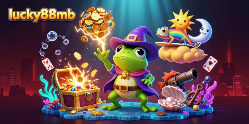 Engage with the exciting world of lucky88mb, featuring a whimsically vibrant scene of a weather wizard frog amidst a storm of golden coins.