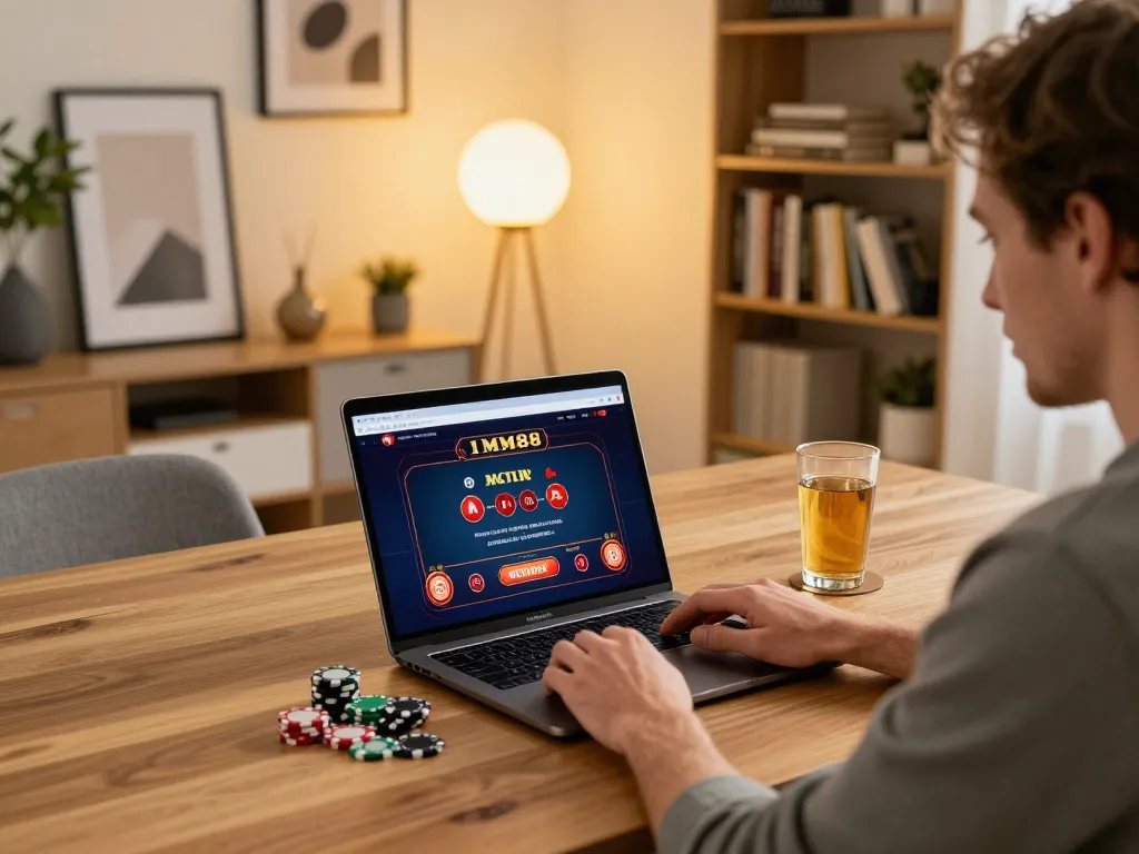 Engaging online gaming scene showcasing Thương hiệu MM88 with user actively playing poker at home
