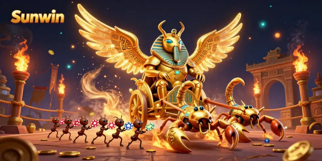 Engage with Sunwin's thrilling casino adventures featuring epic golden scarab and scorpion chariot battles.