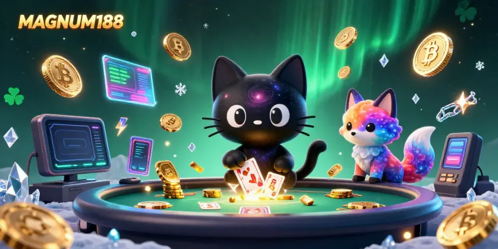 Experience the thrill of MAGNUM188 with vibrant 3D characters and dynamic casino elements.