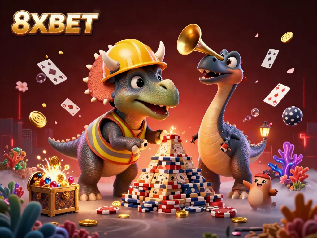 Engage with the vibrant atmosphere of 8XBET through a dynamic 3D illustration featuring gambling themes and fun characters.