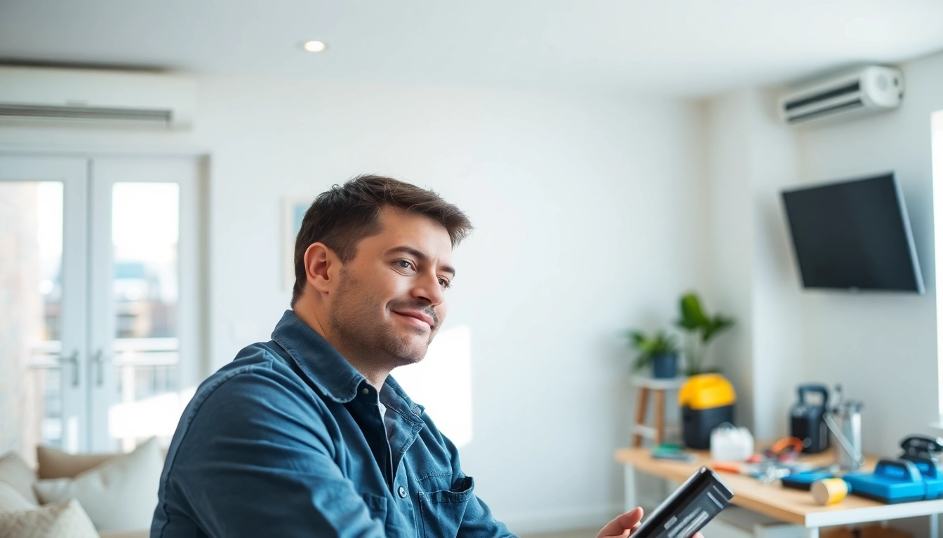 AC Repair Tampa technician servicing an air conditioning unit in a bright living room.