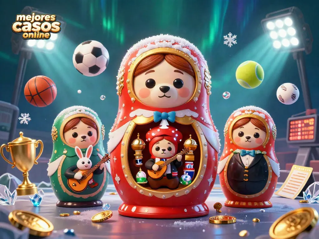 Disfruta de los mejores casinos online con una escena animada de osos matryoshka y elementos de juego dinámicos.