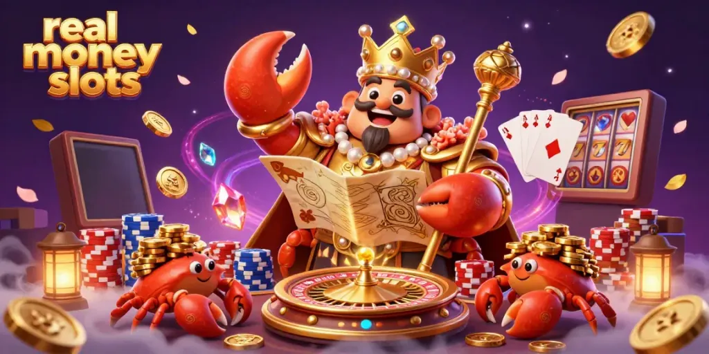 Engage with real money slots in this vibrant casino illustration featuring a golden crab and treasure elements.