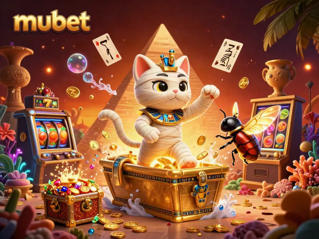 Engage with mubet's vibrant pyramid casino scene featuring a mummy cat, golden treasures, and dynamic slot elements.