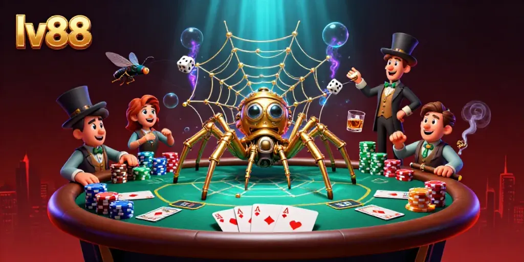 Experience the thrill of gaming at lv88 with a steampunk golden spider and poker elements in a vibrant casino scene.