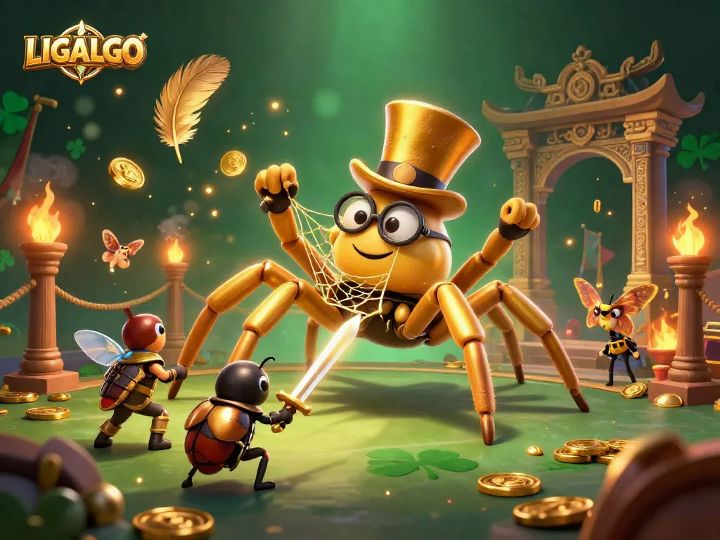 Experience the excitement of LIGALGO with a golden tarantula weaving a web of fortune among casino pillars.