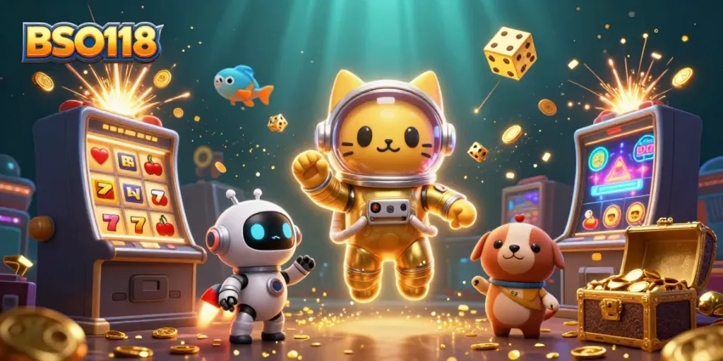 Experience BSO118 with a thrilling cosmic adventure featuring a golden space cat and robot dog amidst dynamic casino elements.