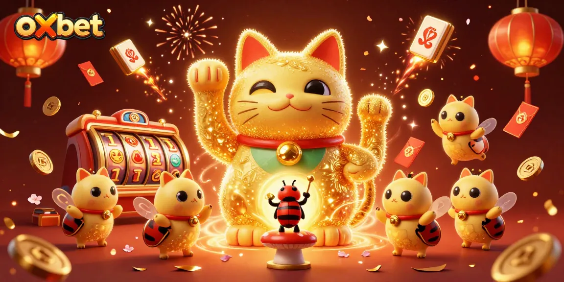 Experience winning with oxbet in a vibrant 3D casino illustration featuring a lucky cat and joyous elements.