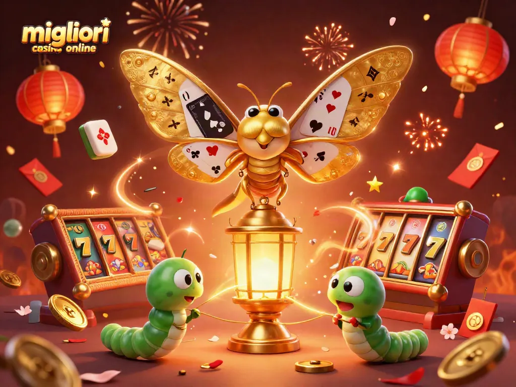 I migliori casino online presentano una scena avvolgente con una falena 3D dorata su una lanterna, simboli da gioco e festoni colorati.