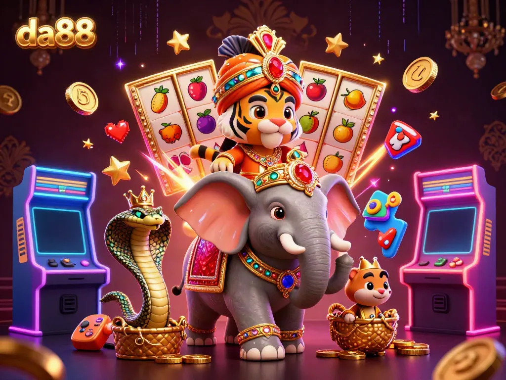 Experience thrilling gameplay at da88 with a 3D casino scene featuring unique characters and vibrant slot games.