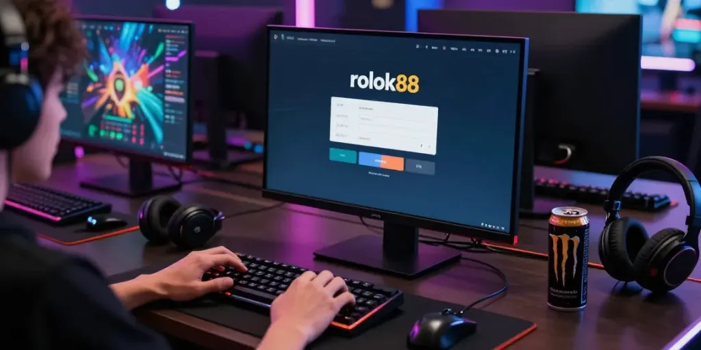Engaging scene of rokok88 login interface on vibrant gaming monitor.