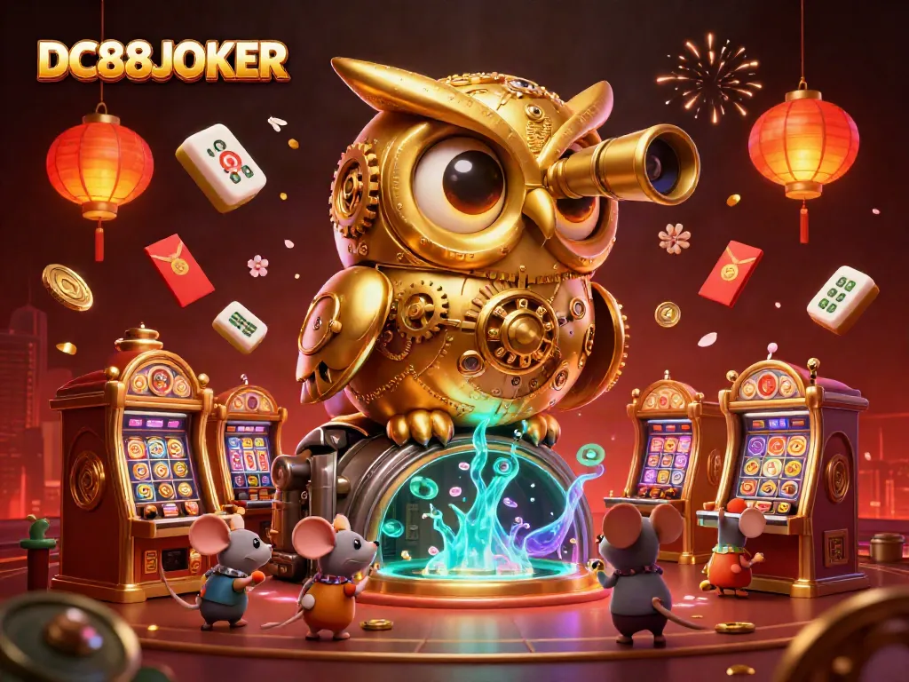 Experience DC88JOKER with a vibrant casino scene, featuring a golden owl and lively slot machines.