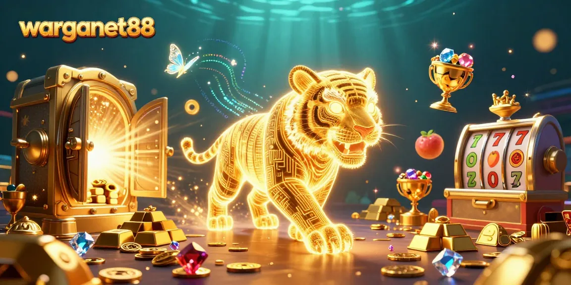 Experience warganet88's thrilling slots with a neon tiger and golden treasures in a vibrant casino.