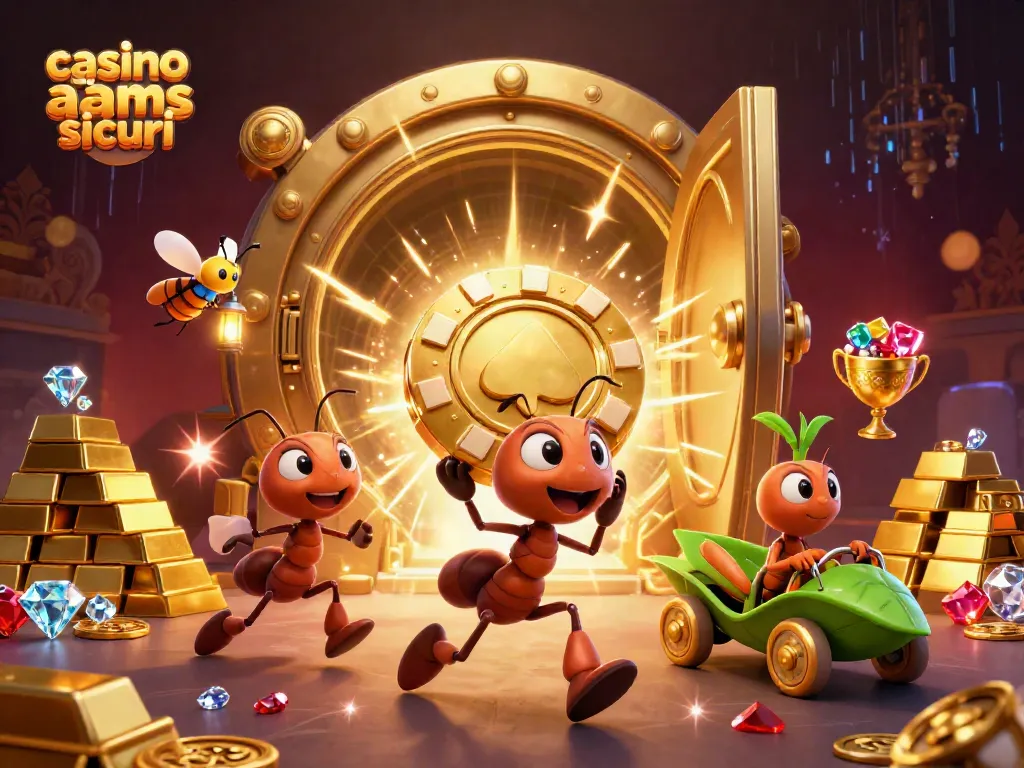 Giocatori vincenti nei casino non aams sicuri, simboli d'azzardo e tesori in un'illustrazione vivace.