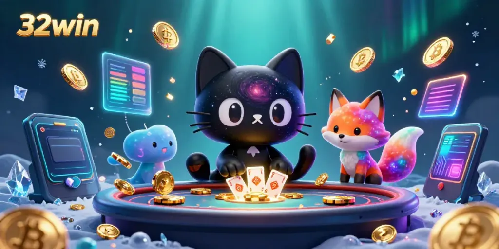 Engage with the cosmic fun of 32win at a casino table with a black hole cat pulling in chips.
