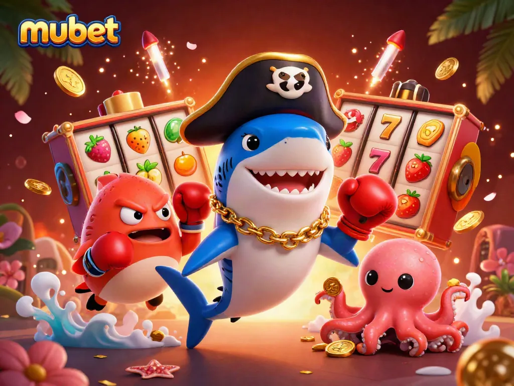 mubet captures excitement with a playful shark, pufferfish, and octopus among casino slots.