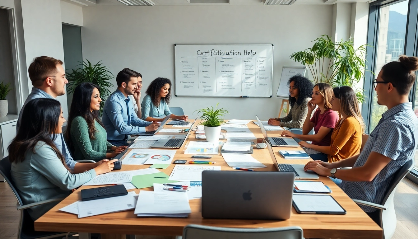 Teamwork among certification help providers in a collaborative workspace.