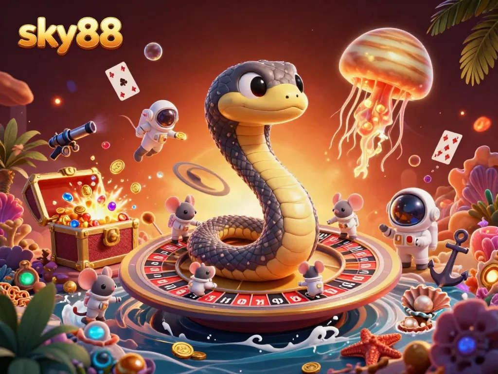 Place bets on slots and roulette with sky88 in this vibrant 3D cosmic casino illustration.