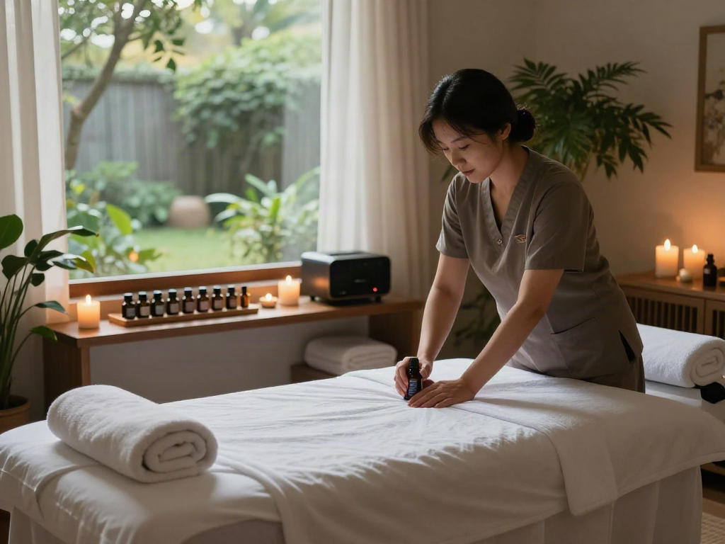 Soothing 부평출장안마 environment with essential oils and calming light in a massage therapy room