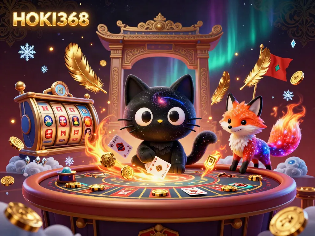 Experience the thrill of HOKI368 with a vibrant cosmic casino scene featuring a black hole cat and a colorful nebula fox.