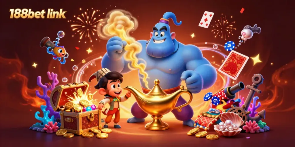 Engage with thrilling action at 188bet link while enjoying a vibrant 3D illustration of a genie, poker chips, and magic.