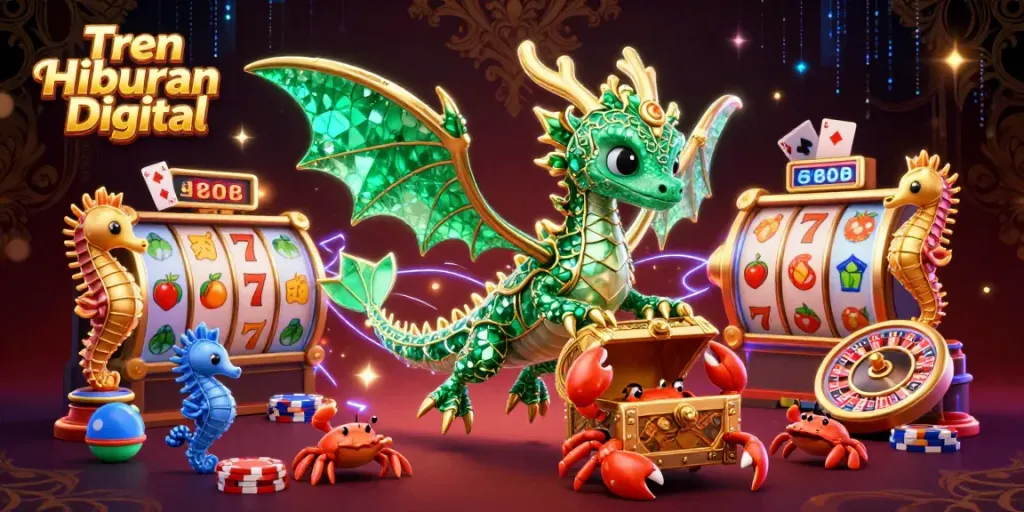 Experience the thrill of Tren Hiburan Digital with a vibrant 3D casino treasure scene filled with exciting games.
