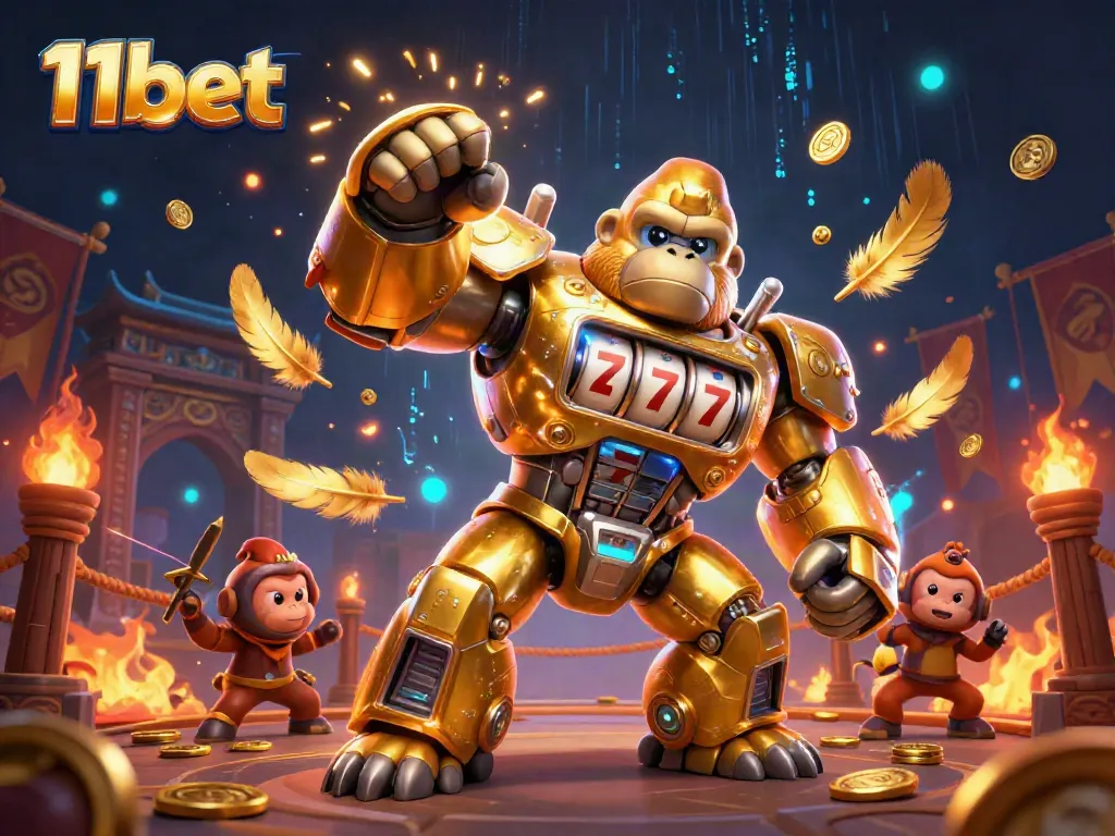 Experience the excitement of 11bet with a vibrant 3D casino scene featuring a golden gorilla mech.