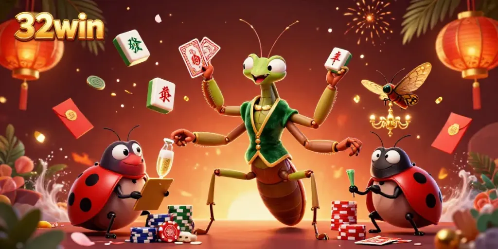 32win casino scene with a giant mantis dealer, vibrant mahjong tiles, and dynamic festive elements.