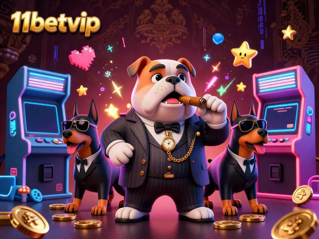 Experience exciting gameplay at 11betvip with our stunning casino illustration, featuring a mafia bulldog and game elements.