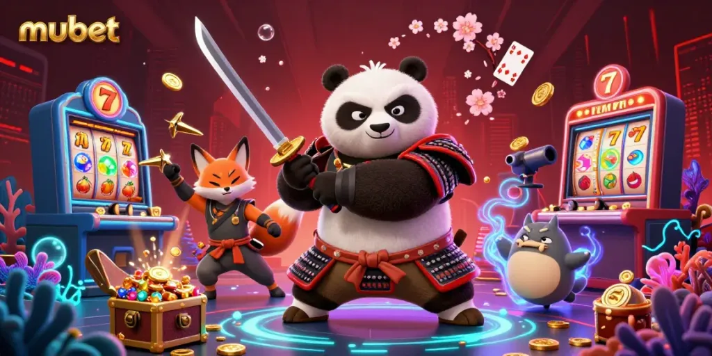Play exciting games at mubet with a dynamic 3D illustration featuring samurai panda and casino elements.