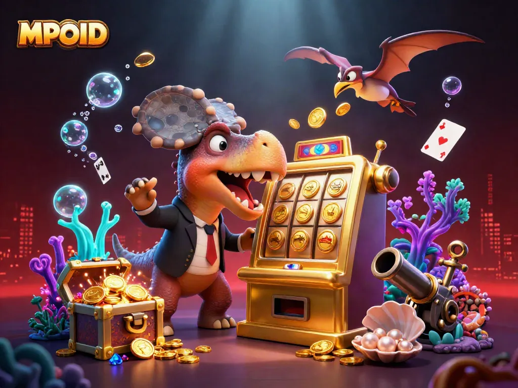MPOID slots scene with cartoon dinosaurs triggering jackpot wins surrounded by underwater treasures and exciting casino elements.